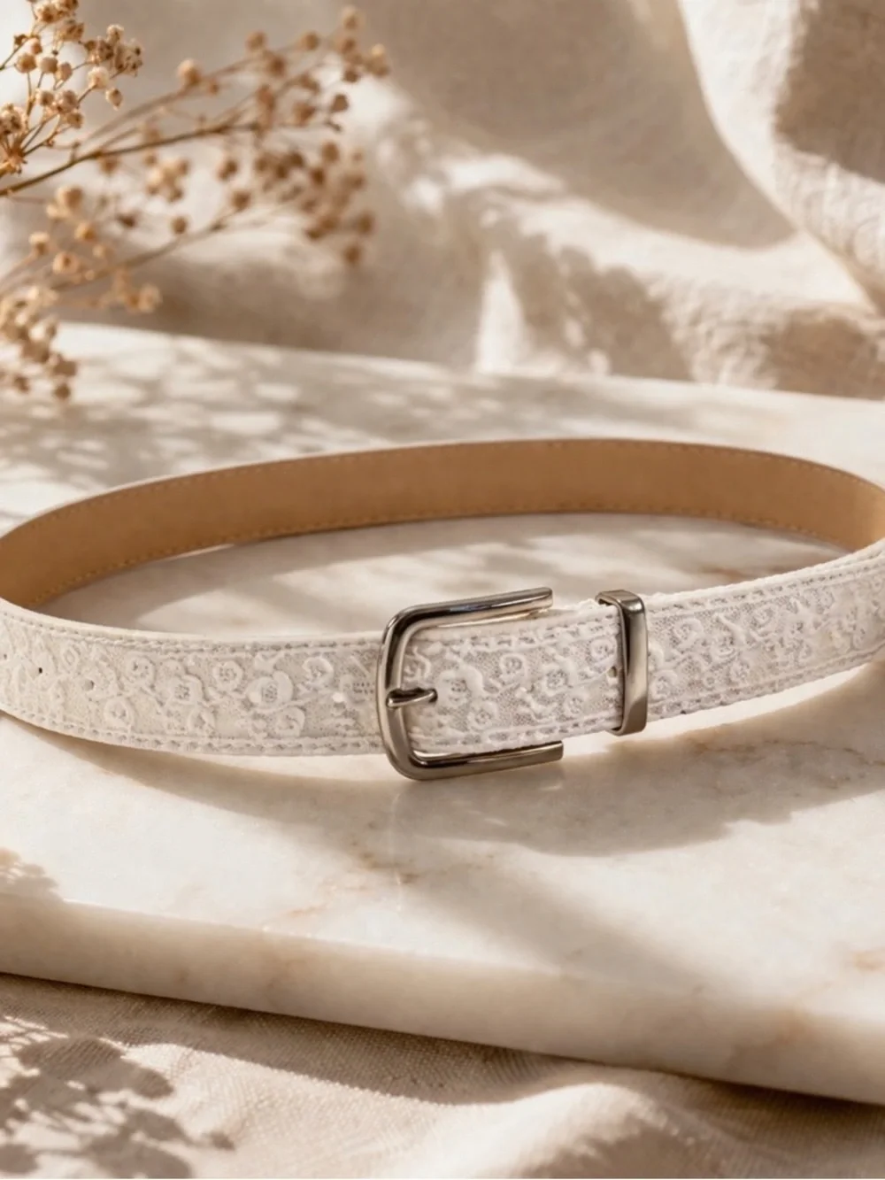 White Lace Belt Women Faux Leather Floral Embroidered Silver Buckle Cottagecore